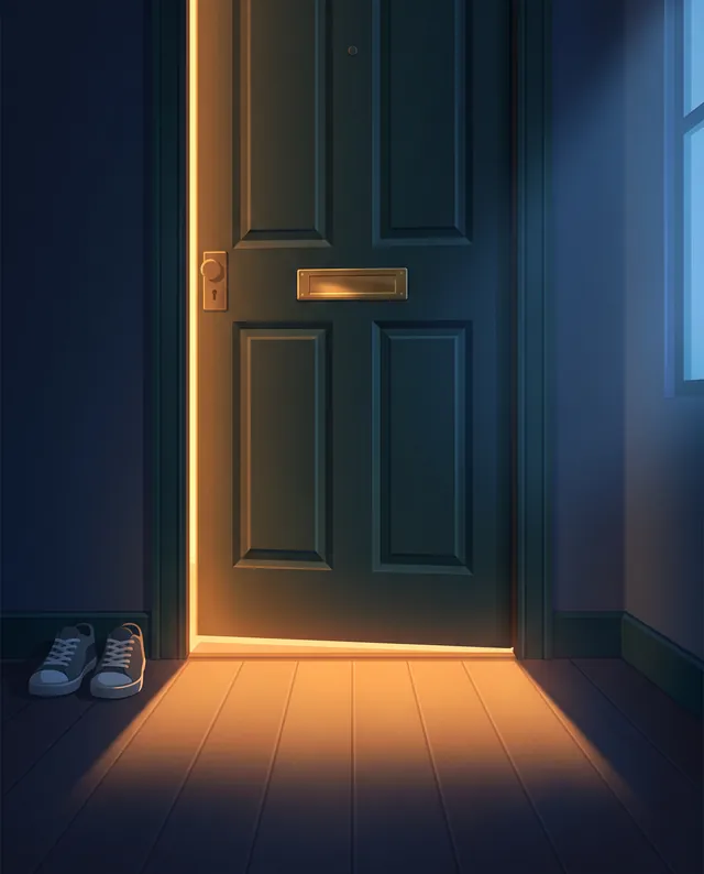 The studio door at night. Warm light from the hallway comes in under it.