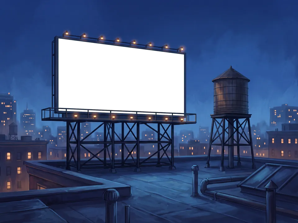 A rooftop at night: a billboard plays a hit game next to a water tower.