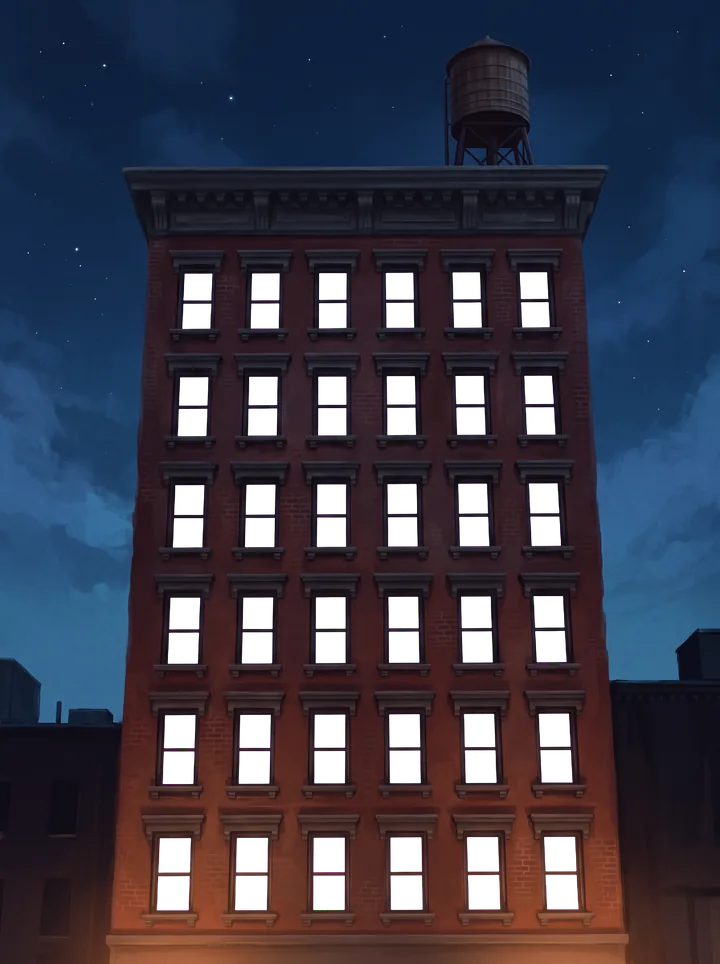 A brick tower at night. Its windows light up one by one.